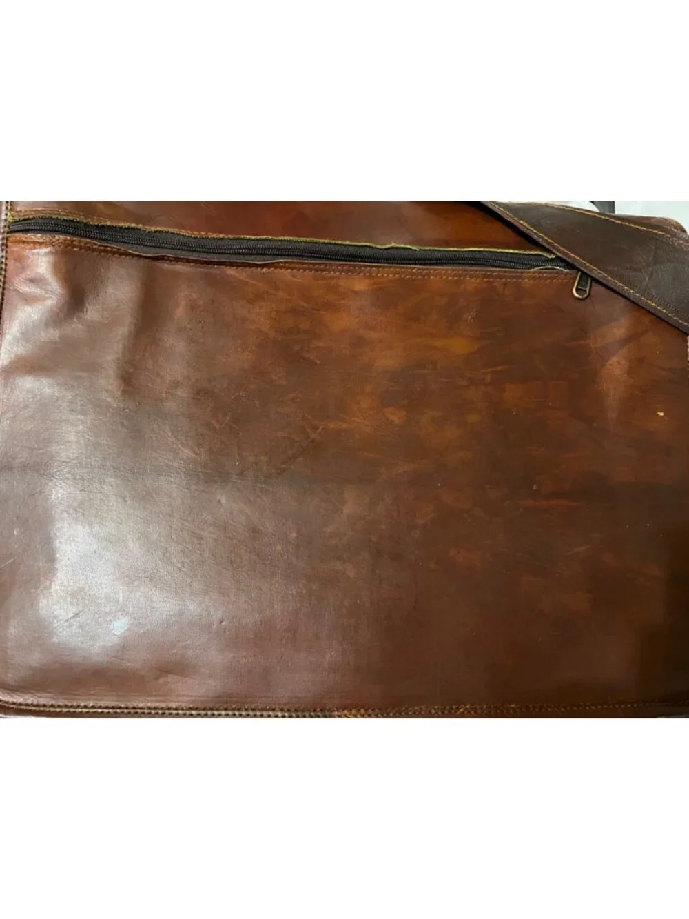 Brown Leather messenger padded laptop bag tote satchel NWOT green zipper NWOT